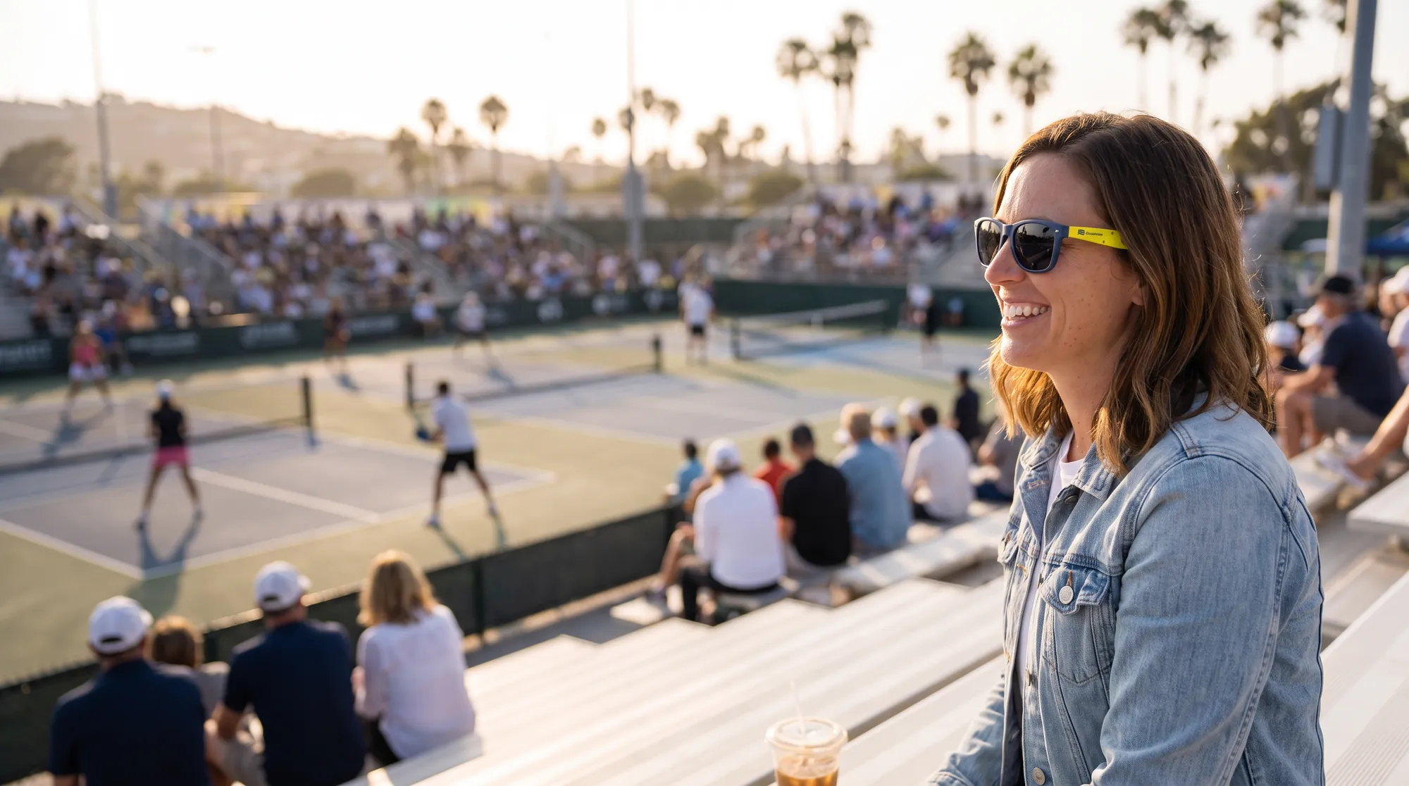 A woman in a denim jacket in the stands at a pickleball tournament, smiling as she watches the matches, wearing the navy and ball-yellow Oceanview pair; courts, players and the crowd stretch out to her left.
